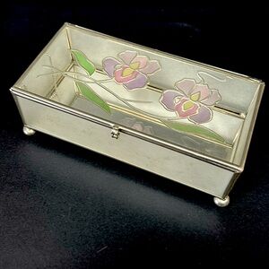 Vintage glass, metal  and mirrored bottom footed jewelry box